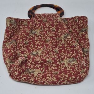 Red Fabric Hand Bag With Elephant And Leaf Pattern, Plastic Tortoise Handles